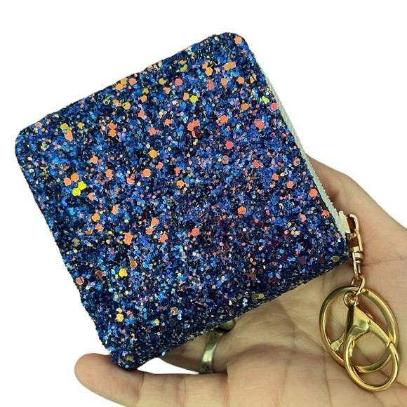 Mini Glitter Keychain Wallet Clip On Iridescent Card Holder Sparkly Small Zipper - Picture 5 of 17